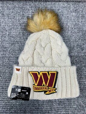 Washington Commanders Pom Beanie Womens Ivory Red Cable Knit Wool Blend Lined